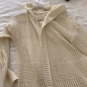 Crocheted, long, hooded cardigan